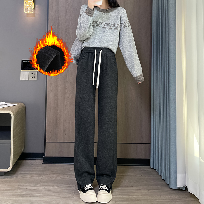 Velvet thickened warm casual elastic pants for women in autumn and winter 2025, fashionable and simple temperament, versatile wide leg pants for commuting