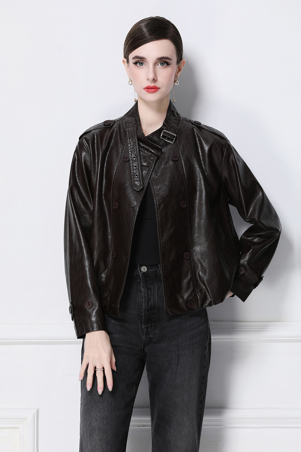Realistic photo of retro stand up collar double breasted PU leather jacket jacket 901 for the European station Realistic photo of retro stand up collar double breasted PU leather jacket jacket 901 for the European station
