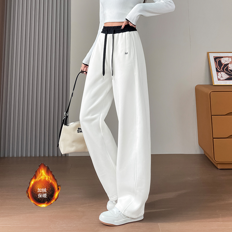 Women's winter new style of warm and elastic waisted sports pants with added velvet and thickening, simple and capable temperament, versatile wide leg pants for commuting
