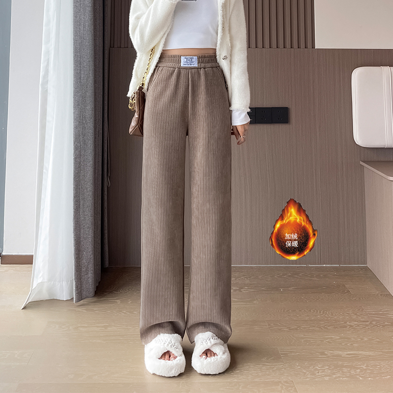 Velvet thickened elastic waist wide leg pants for women in winter 2025, new fashionable and simple temperament, versatile casual pants for commuting