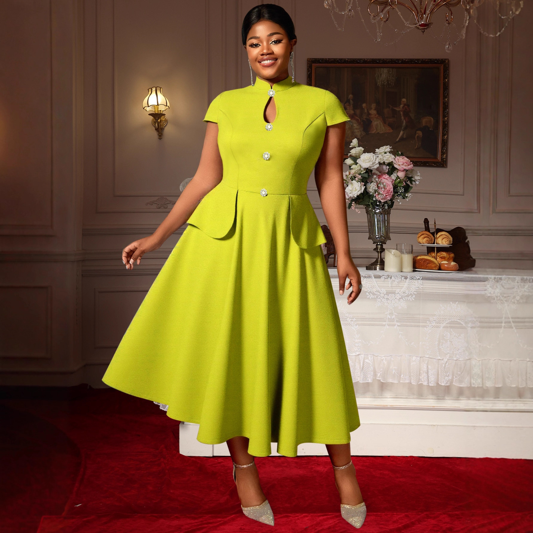 Cross border plus size solid color hollow out short sleeved dress with stand up collar, large A-line, elegant evening dress, Dress party Cross border plus size solid color hollow out short sleeved dress with stand up collar, large A-line, elegant evening dress, Dress party