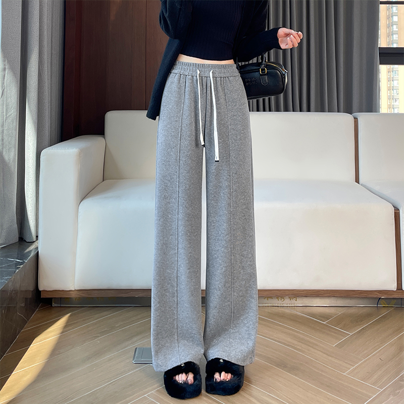 Drawstring elastic waisted casual pants for women in autumn and winter of 2025, versatile OL, simple temperament with thick velvet and wide leg pants Drawstring elastic waisted casual pants for women in autumn and winter of 2025, versatile OL, simple temperament with thick velvet and wide leg pants