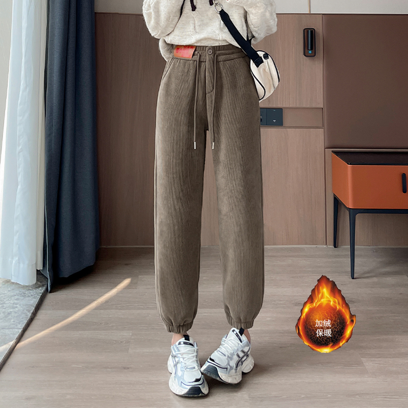 Women's 2025 autumn and winter new style with plush and thickened warm leg binding pants, simple and versatile, elastic waisted sports and leisure pants
