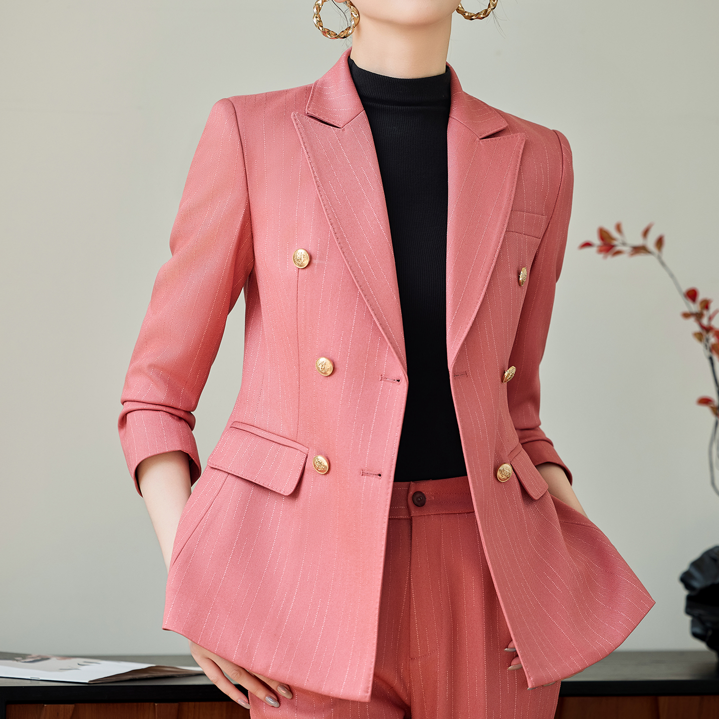 High end striped double breasted suit jacket for women, autumn new style, simple and capable temperament, commuting formal suit set High end striped double breasted suit jacket for women, autumn new style, simple and capable temperament, commuting formal suit set