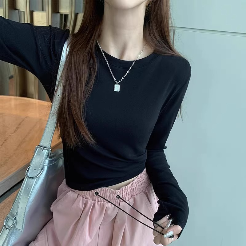 Short and petite long sleeved T-shirt for women in early autumn 2025, slim fit and slimming temperament, casual versatile round neck base shirt Short and petite long sleeved T-shirt for women in early autumn 2025, slim fit and slimming temperament, casual versatile round neck base shirt