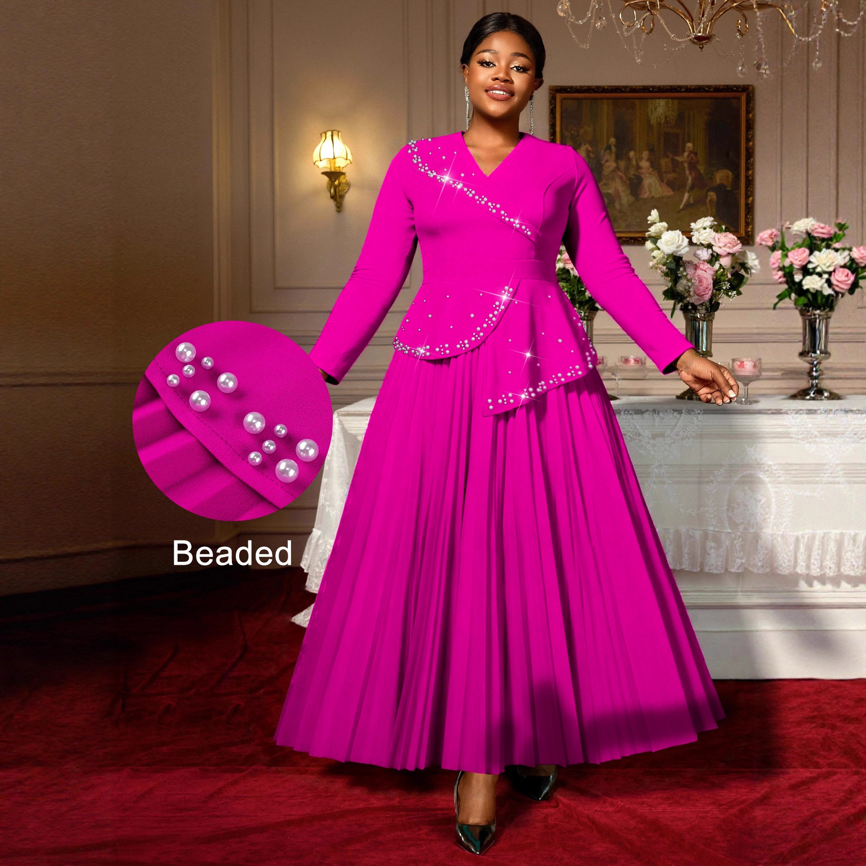 European and American plus size women's collar, rose red nail bead pleated skirt, ruffle edge A hem, slimming dress, Dresses