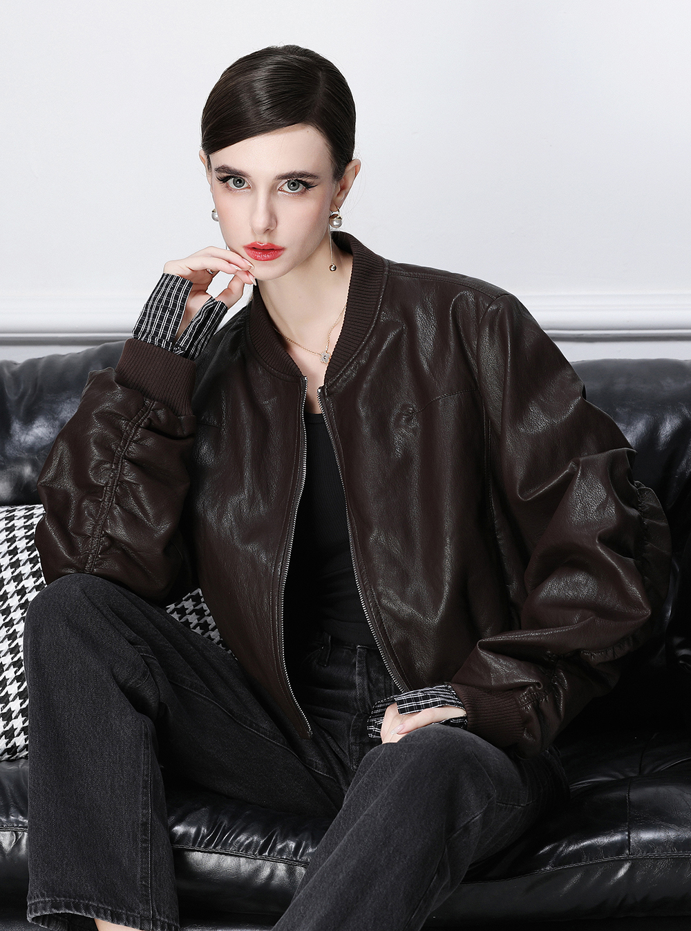 Realistic photo of retro PU leather jacket and jacket for European station 902