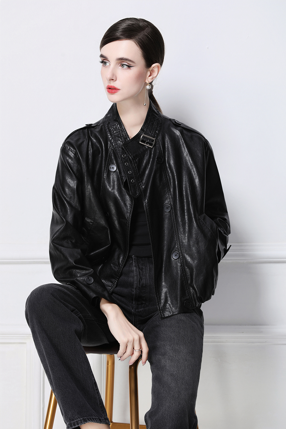 Realistic photo of retro stand up collar double breasted PU leather jacket jacket 901 for the European station Realistic photo of retro stand up collar double breasted PU leather jacket jacket 901 for the European station