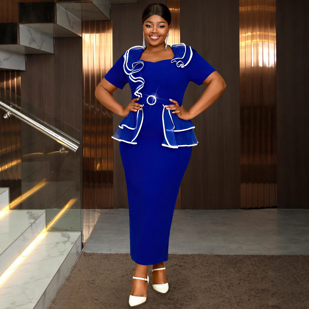 Mom's wedding dress V-neck lotus leaf contrasting short sleeved plus size hip hugging dress dresses for women