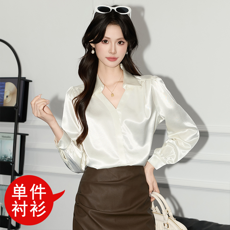 High end temperament V-neck shirt for women 2025 design sense, niche casual top, high-end sense, acetate satin shirt, autumn High end temperament V-neck shirt for women 2025 design sense, niche casual top, high-end sense, acetate satin shirt, autumn