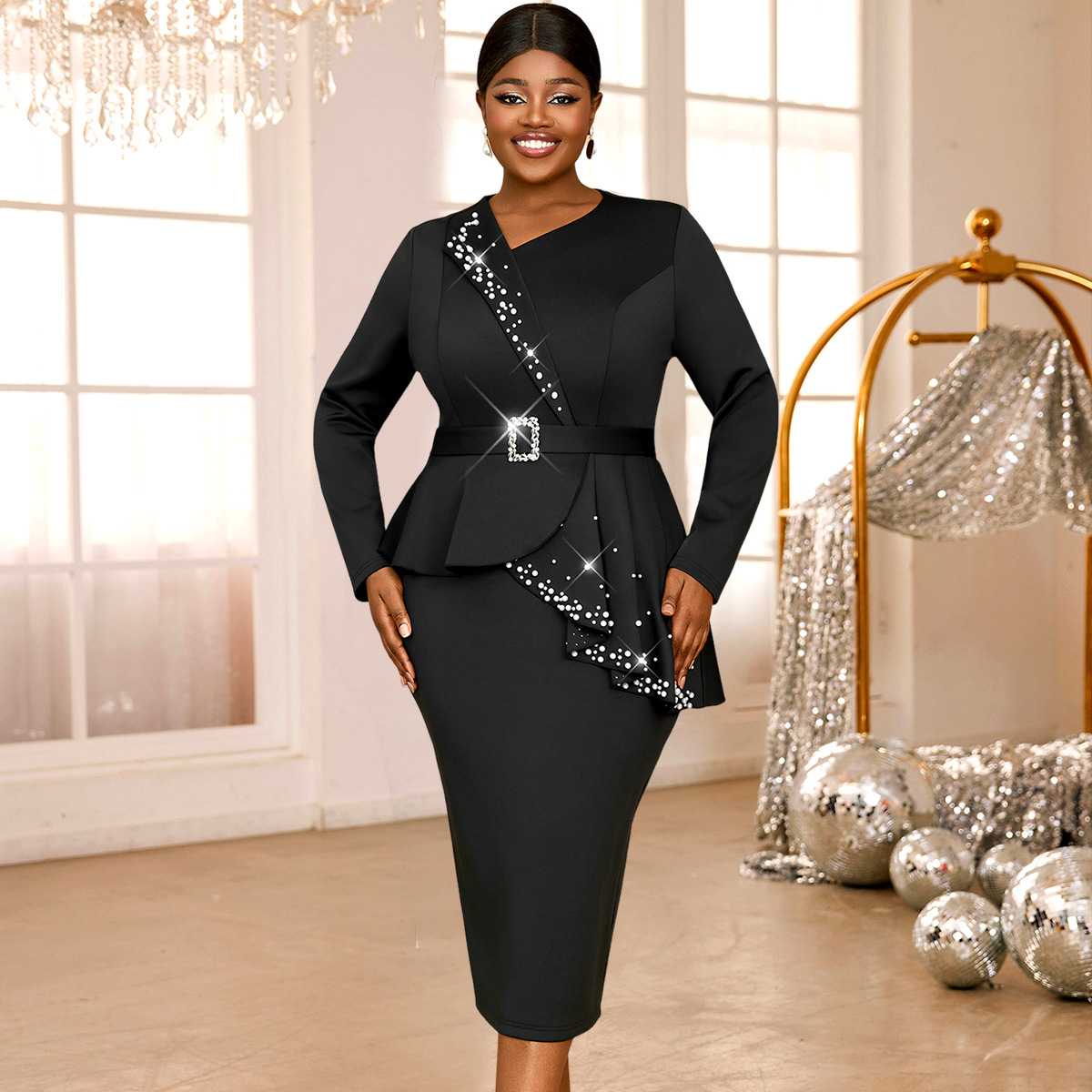 Large size women's ruffled nail bead dress with black ruffled edges for slimming and belly covering, plus size graduation dress for women