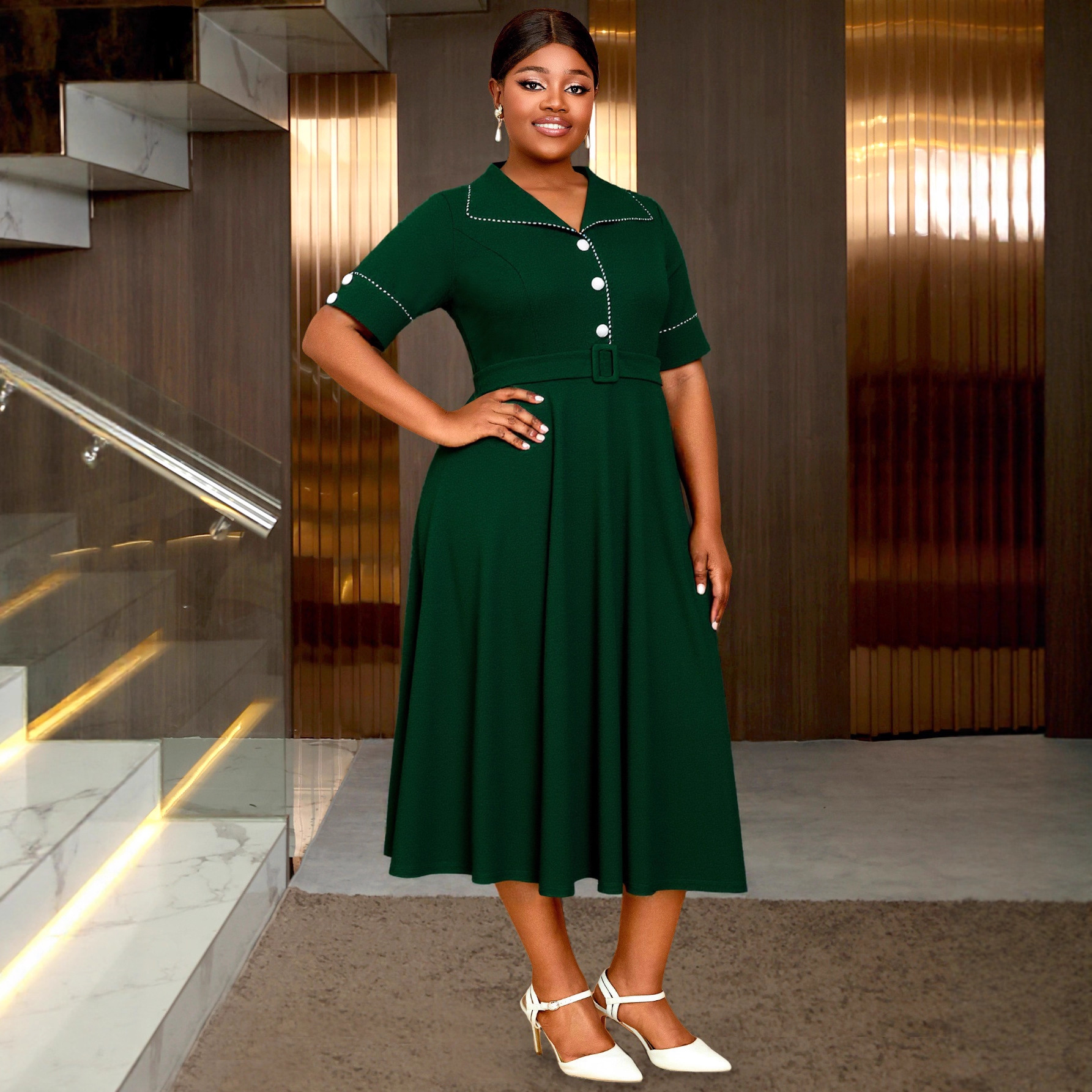 Oversized women's retro lapel short sleeved dress with button cinched waist, elegant big swing dress, Dress party Oversized women's retro lapel short sleeved dress with button cinched waist, elegant big swing dress, Dress party