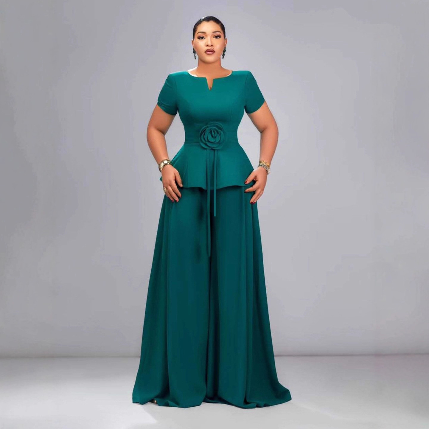 European and American plus size women's dark green short sleeved ruffled three-dimensional flower top wide leg pants set Dresses European and American plus size women's dark green short sleeved ruffled three-dimensional flower top wide leg pants set Dresses