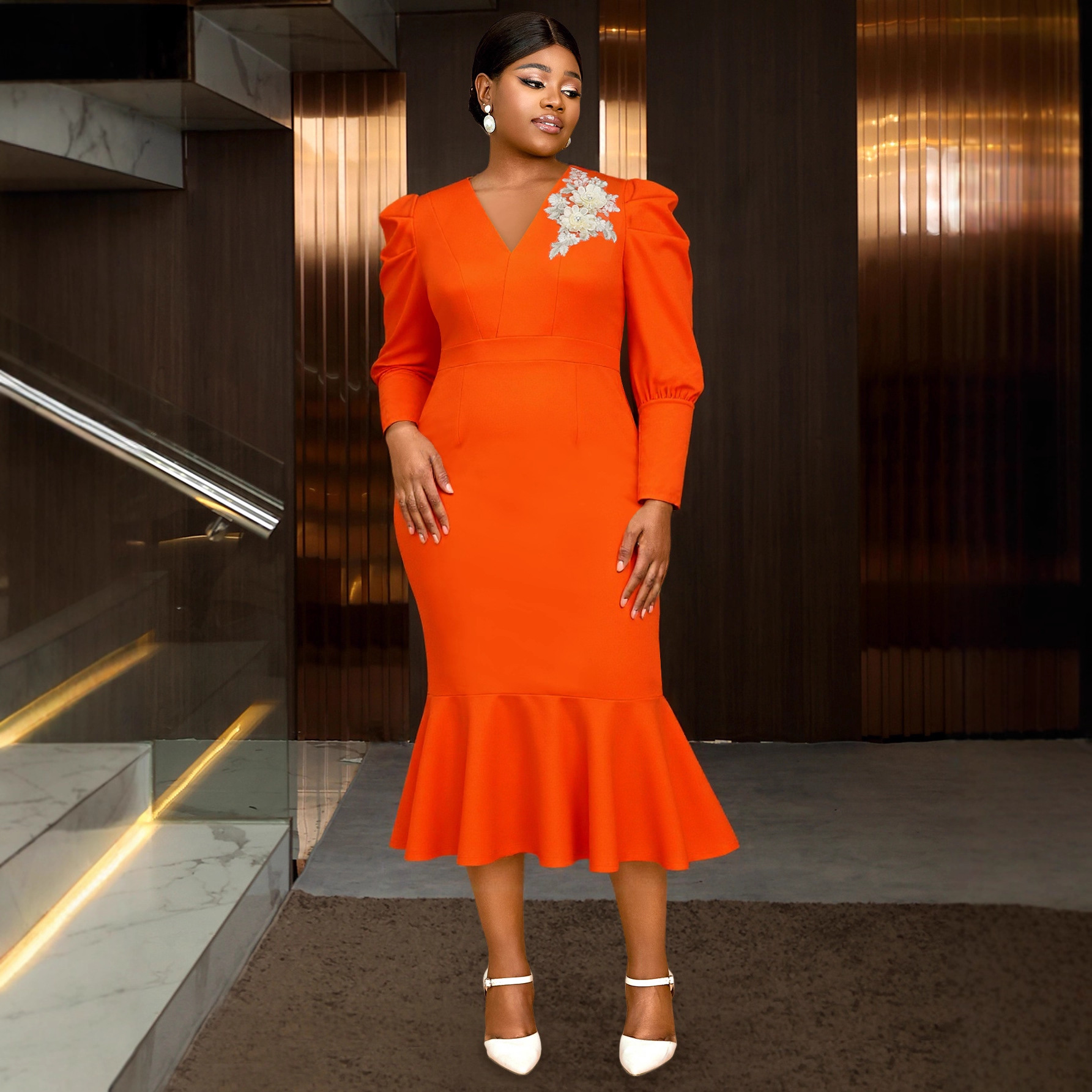 Large Orange V-neck Embroidered 3D Flower Bubble Sleeve Church Wedding Package Butt Tail Dress Wedding