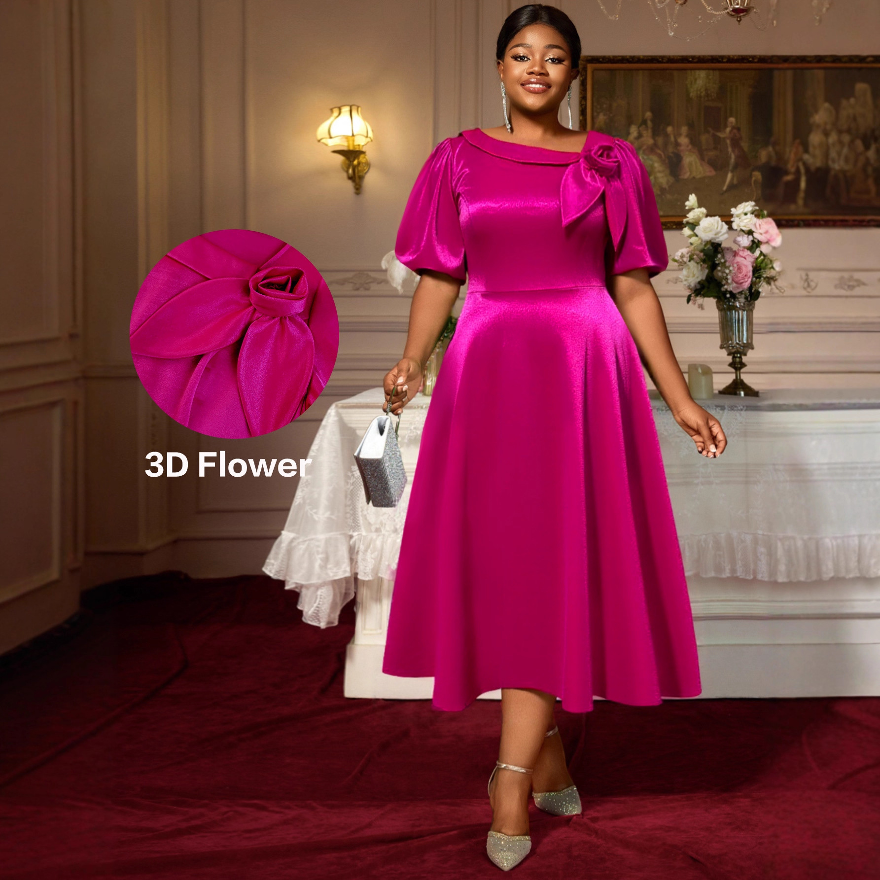 European and American plus size women's rose red satin bubble sleeve dress 3D three-dimensional flower elegant A-list party evening dress