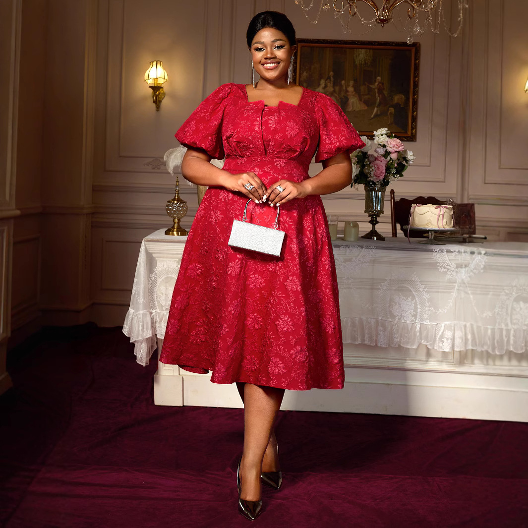 Oversized Fashion Party Dress with High Waist and Slim Square Neck Bubble Sleeves A Pendant Dress Dress for Dress Party