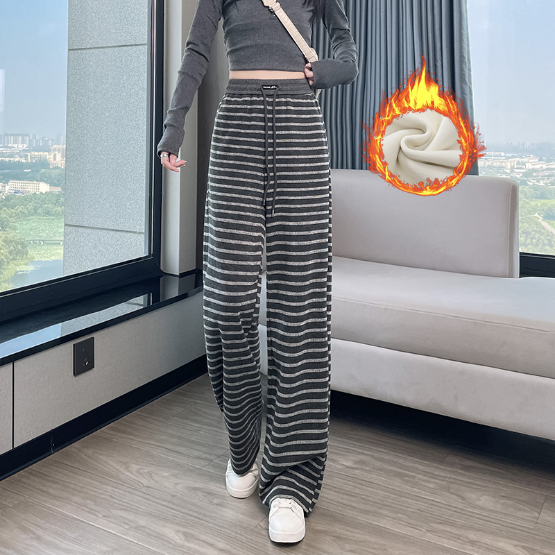 Velvet thickened temperament striped long pants for women in autumn and winter 2025, with a niche and casual design, versatile and elastic waisted wide leg pants Velvet thickened temperament striped long pants for women in autumn and winter 2025, with a niche and casual design, versatile and elastic waisted wide leg pants