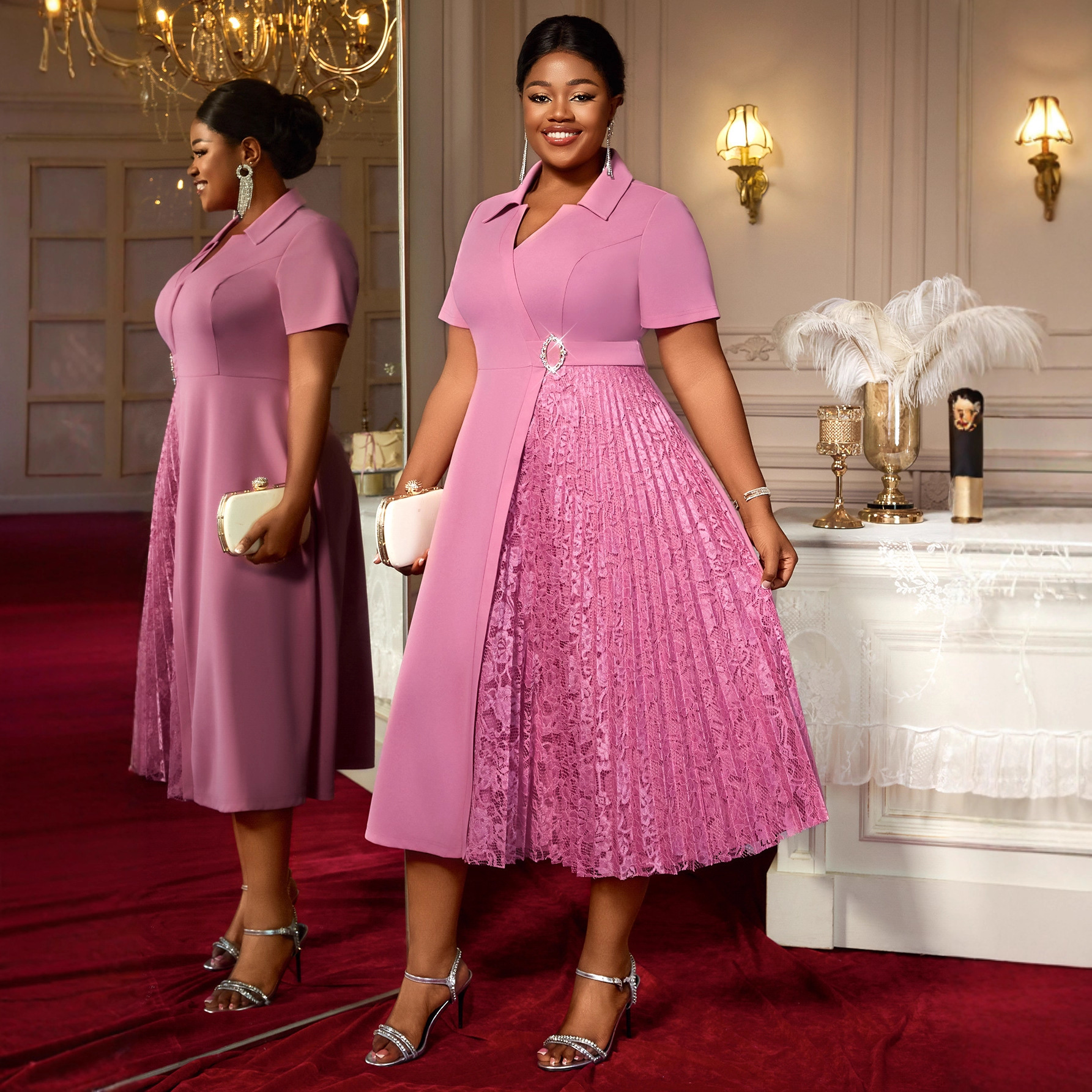 Cross border plus size short sleeved lapel women's patchwork lace pleated A-line fashion party dress Dresses