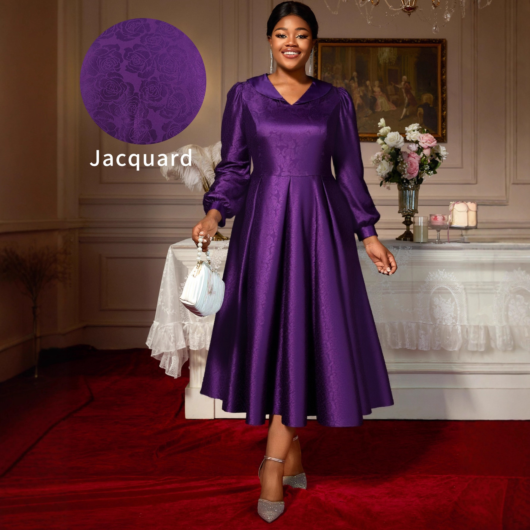 Large size women's lapel satin jacquard lantern long sleeved A-list autumn dress dark purple fall dresses