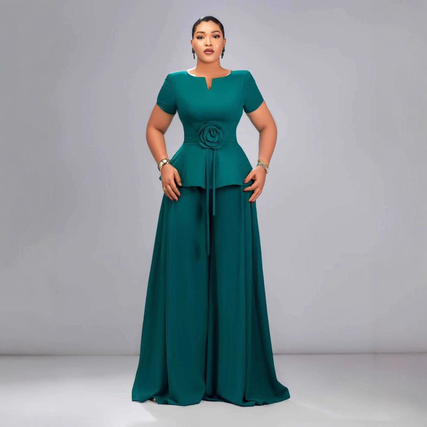 European and American plus size women's dark green short sleeved ruffled three-dimensional flower top wide leg pants set Dresses