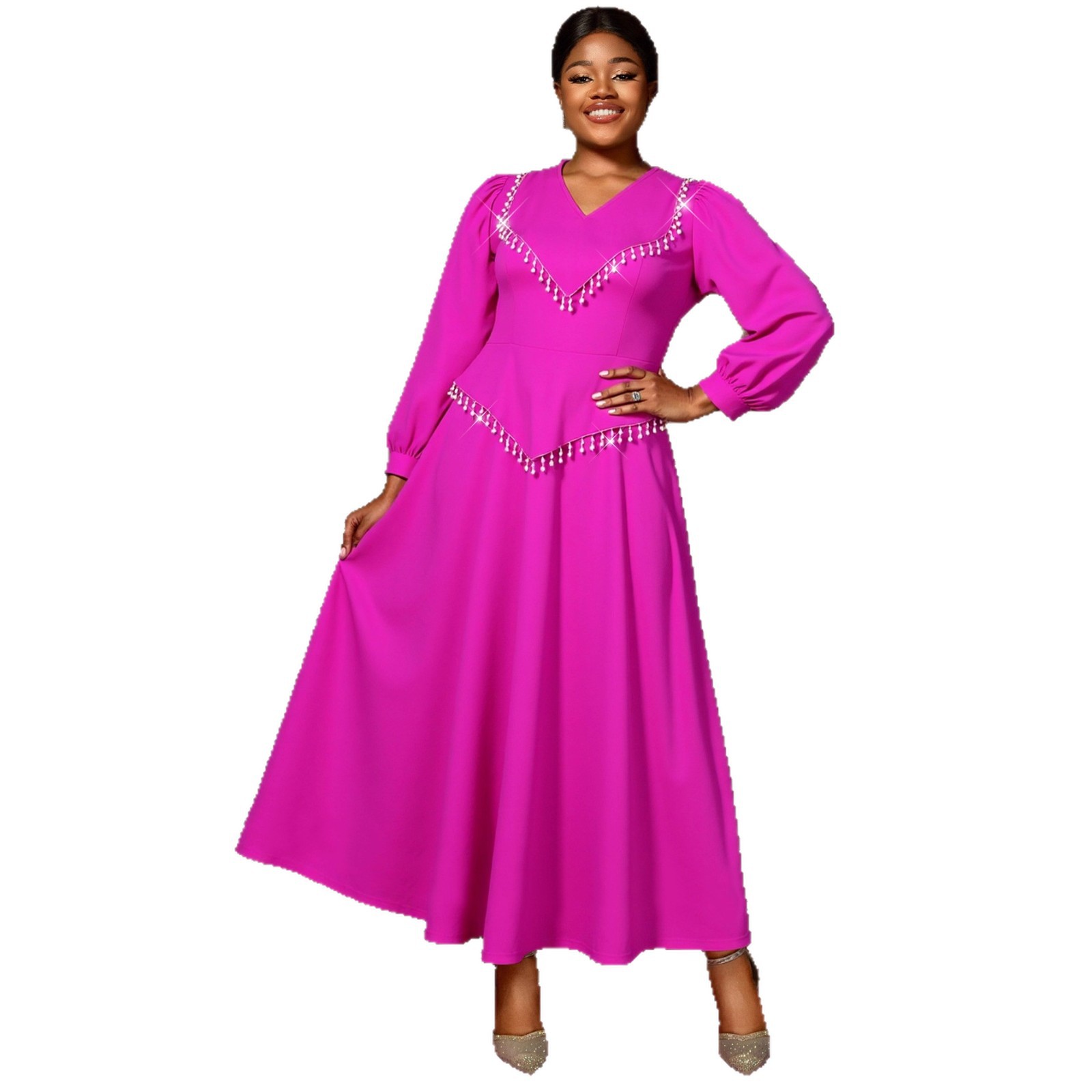 Large size women's rose red hanging bead tassel long sleeved elegant temperament dress V-neck fashionable party A dress Large size women's rose red hanging bead tassel long sleeved elegant temperament dress V-neck fashionable party A dress