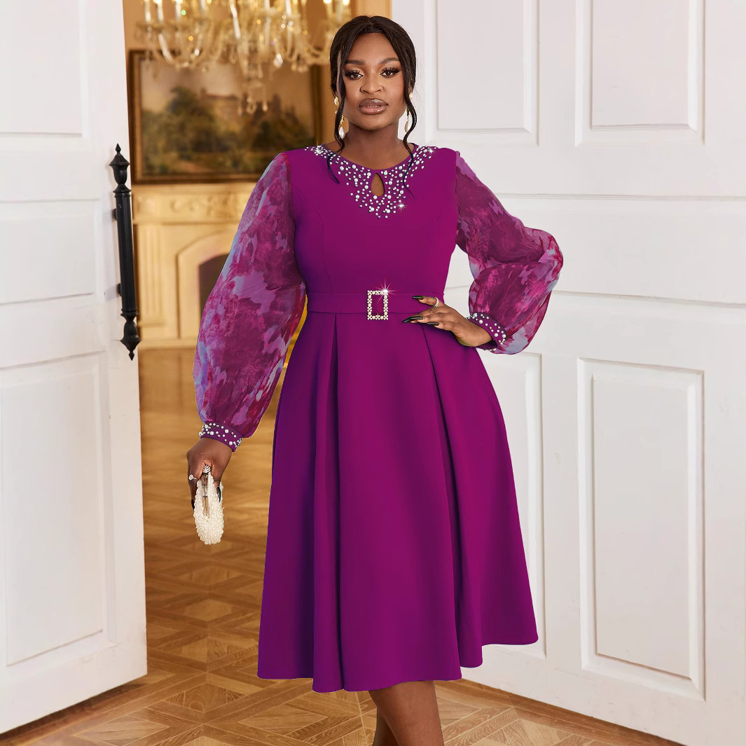 AM040710 Autumn New Lantern Long Sleeve Elegant Dress Party Nail Bead High Waist A-line Skirt Dresses