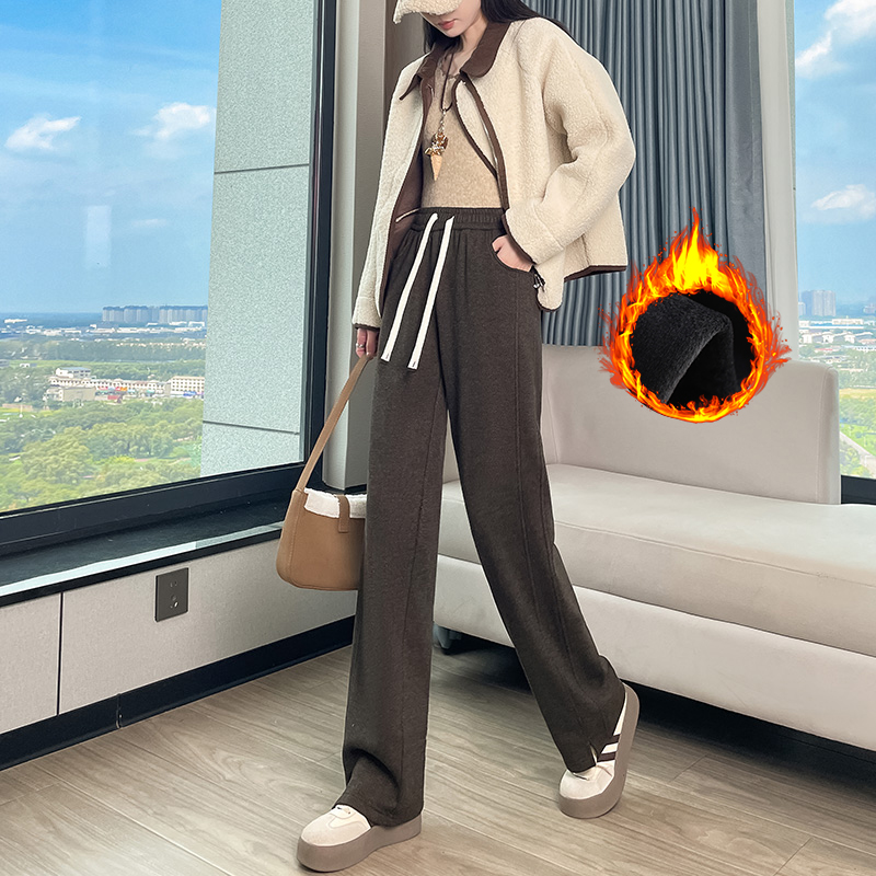 Velvet thickened warm casual elastic pants for women in autumn and winter 2025, fashionable and simple temperament, versatile wide leg pants for commuting Velvet thickened warm casual elastic pants for women in autumn and winter 2025, fashionable and simple temperament, versatile wide leg pants for commuting