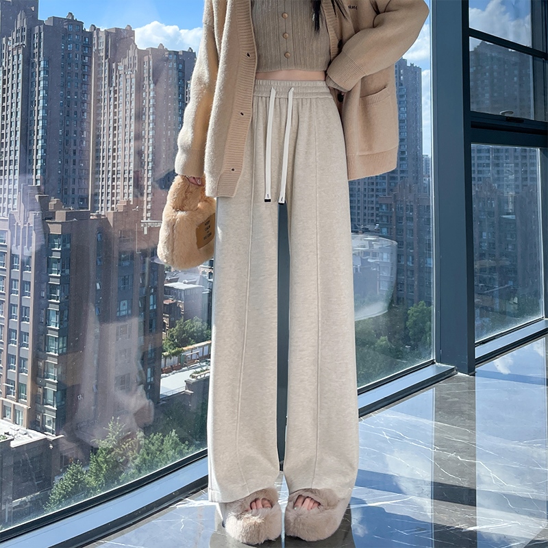 Drawstring elastic waisted casual pants for women in autumn and winter of 2025, versatile OL, simple temperament with thick velvet and wide leg pants Drawstring elastic waisted casual pants for women in autumn and winter of 2025, versatile OL, simple temperament with thick velvet and wide leg pants