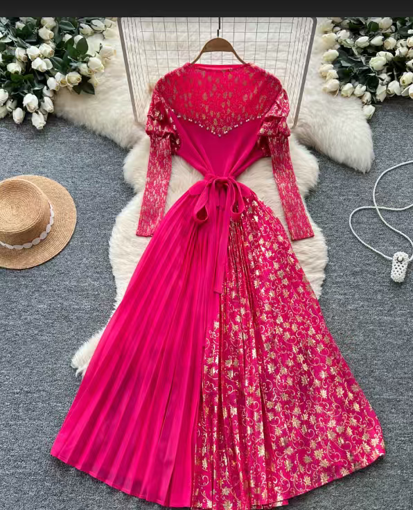 Cross border European and American three bedroom bubble sleeve hot stamping pleated lace up pleated dress long sleeved autumn patchwork French women's clothing Cross border European and American three bedroom bubble sleeve hot stamping pleated lace up pleated dress long sleeved autumn patchwork French women's clothing