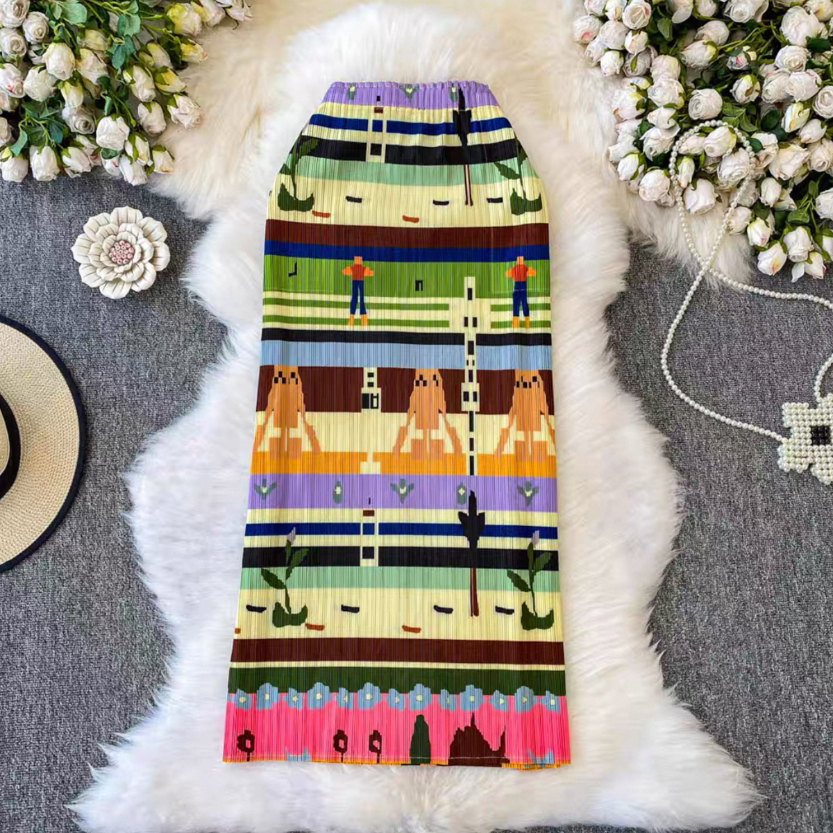 Miyake 2025 pleated printed midi skirt cross-border summer niche slimming bag hip skirt long skirt oil painting female design sense Miyake 2025 pleated printed midi skirt cross-border summer niche slimming bag hip skirt long skirt oil painting female design sense