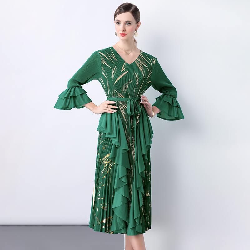 Miyake 2025 women's hot stamping lotus leaf edge heavy design sense pleated skirt pleated tie summer waist cinching cross-border long skirt Miyake 2025 women's hot stamping lotus leaf edge heavy design sense pleated skirt pleated tie summer waist cinching cross-border long skirt