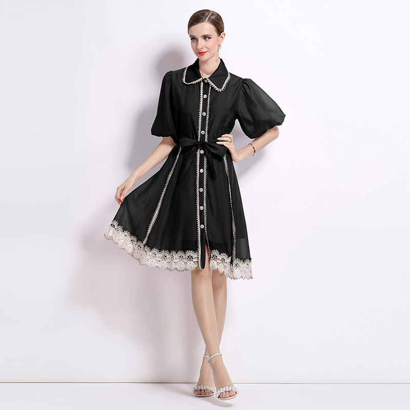 Real time shooting of summer new retro collar single breasted lace lantern sleeve dress Real time shooting of summer new retro collar single breasted lace lantern sleeve dress