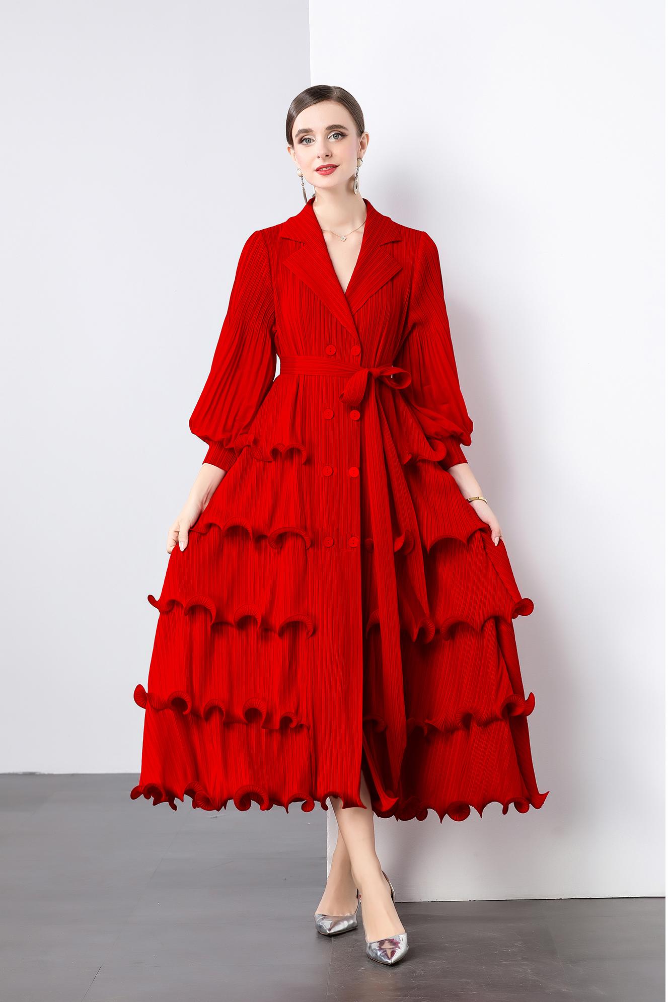 Miyake suit collar cardigan dress, black fungus edge pleated cake skirt, heavy-duty lantern sleeves, plus size mm, cross-border women's outfit Miyake suit collar cardigan dress, black fungus edge pleated cake skirt, heavy-duty lantern sleeves, plus size mm, cross-border women's outfit