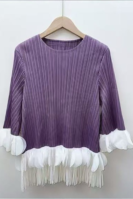 Folded color blocked ruffle edge three-dimensional decoration tassel design sense top autumn coat T-shirt cross-border European and American slim fit Folded color blocked ruffle edge three-dimensional decoration tassel design sense top autumn coat T-shirt cross-border European and American slim fit