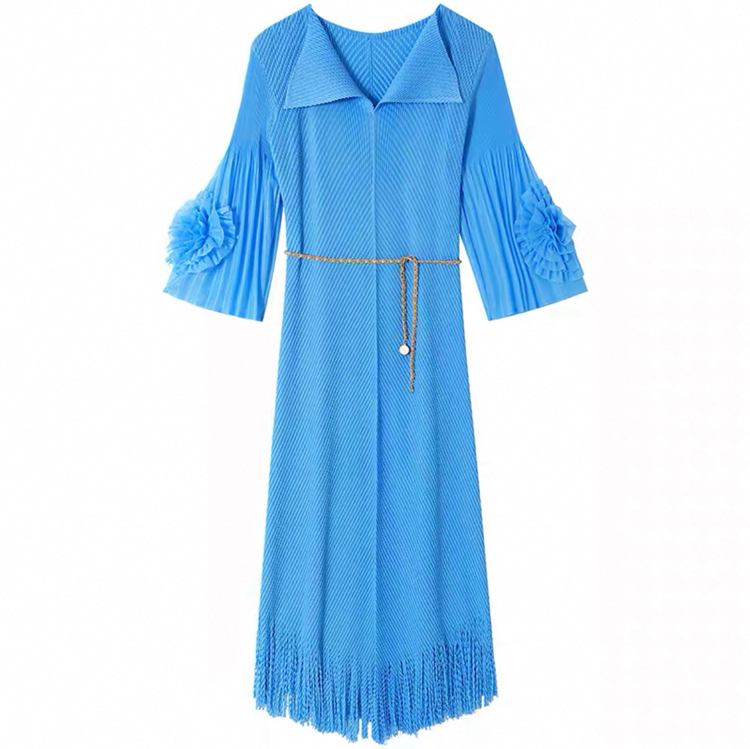 Miyake 2025 new pleated fish scale pleated dress with floral sleeves, tassel oversized women's clothing, elegant foreign trade, cross-border Miyake 2025 new pleated fish scale pleated dress with floral sleeves, tassel oversized women's clothing, elegant foreign trade, cross-border