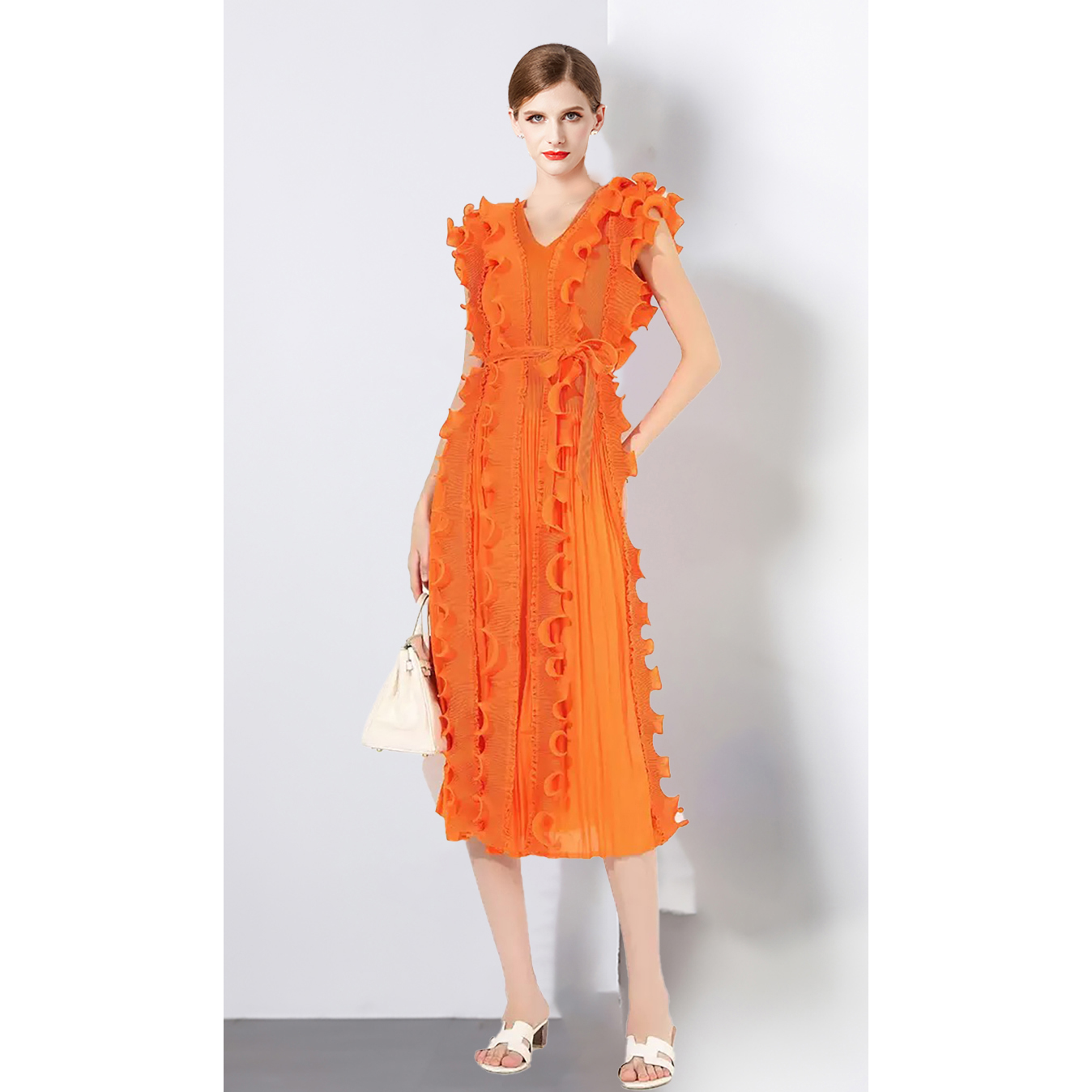 Miyake Cross border European and American Folded Mushroom Edge Design Sense V-neck Sleeveless Dress in Large Size Looks Thin with Lotus Leaf Edge in Africa