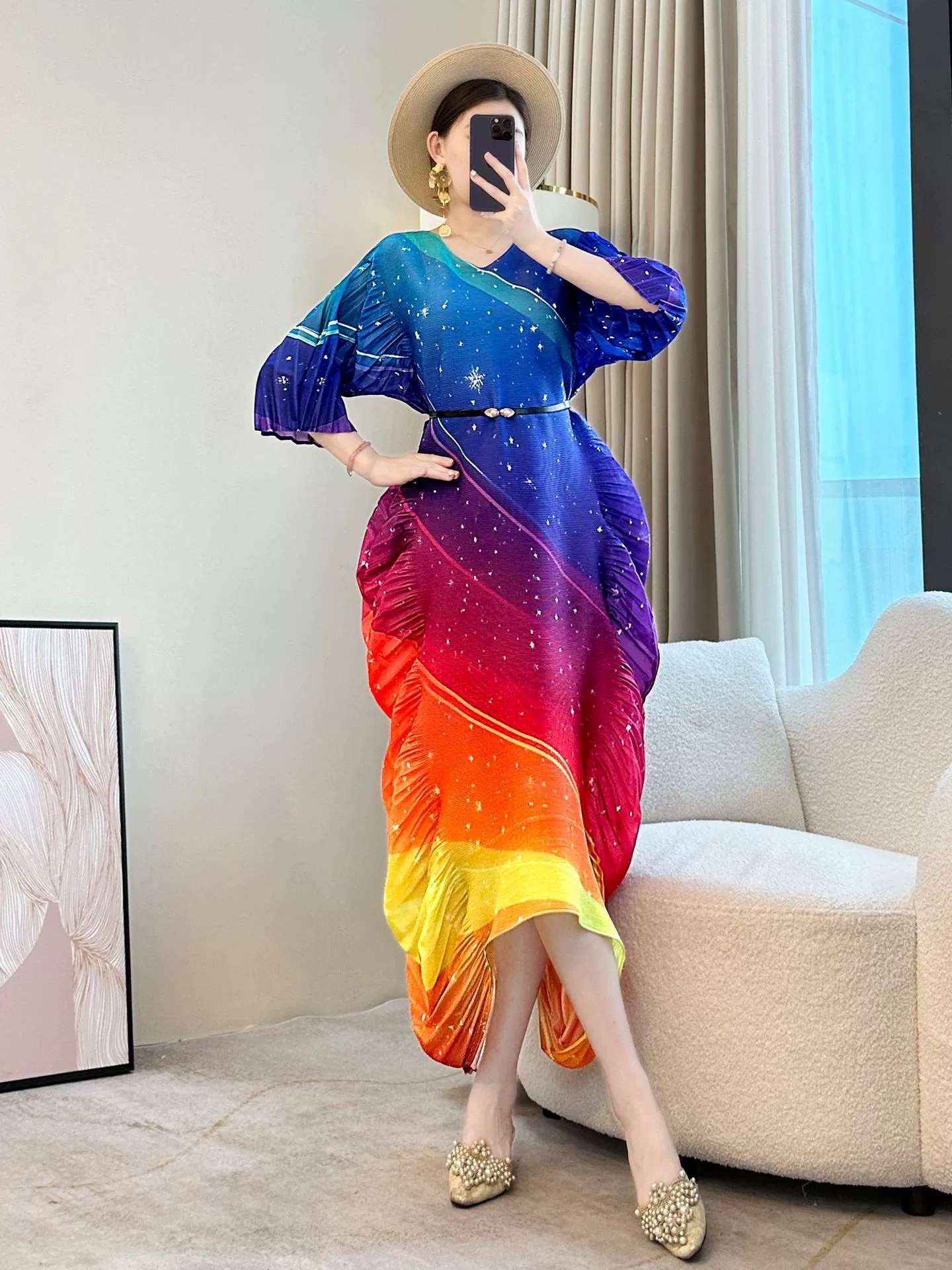 Miyake luxury, irregular ruffle edge design, pleated printed dress, beach vacation, plus size, loose fit for women Miyake luxury, irregular ruffle edge design, pleated printed dress, beach vacation, plus size, loose fit for women