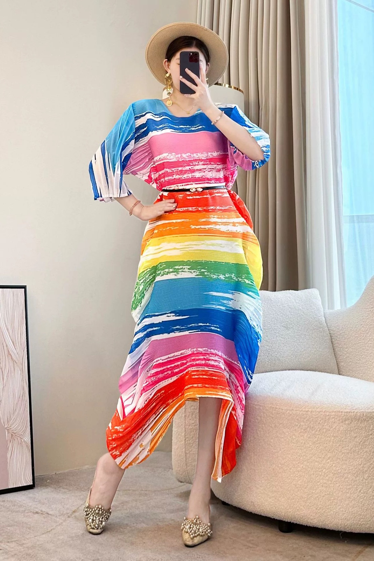 Miyake luxury, irregular ruffle edge design, pleated printed dress, beach vacation, plus size, loose fit for women Miyake luxury, irregular ruffle edge design, pleated printed dress, beach vacation, plus size, loose fit for women