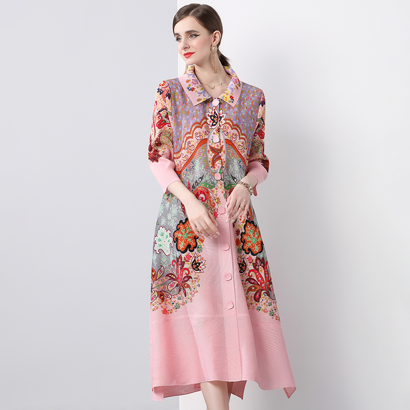 Sanzhai Spring and Autumn Mid length Loose Printed Slimming and Age Reducing Large Size MM Dress with Collar Fold and Nine Cent Sleeve Sanzhai Spring and Autumn Mid length Loose Printed Slimming and Age Reducing Large Size MM Dress with Collar Fold and Nine Cent Sleeve