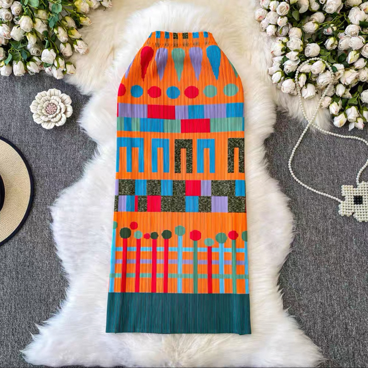 Miyake 2025 pleated printed midi skirt cross-border summer niche slimming bag hip skirt long skirt oil painting female design sense Miyake 2025 pleated printed midi skirt cross-border summer niche slimming bag hip skirt long skirt oil painting female design sense