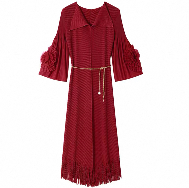 Miyake 2025 new pleated fish scale pleated dress with floral sleeves, tassel oversized women's clothing, elegant foreign trade, cross-border Miyake 2025 new pleated fish scale pleated dress with floral sleeves, tassel oversized women's clothing, elegant foreign trade, cross-border