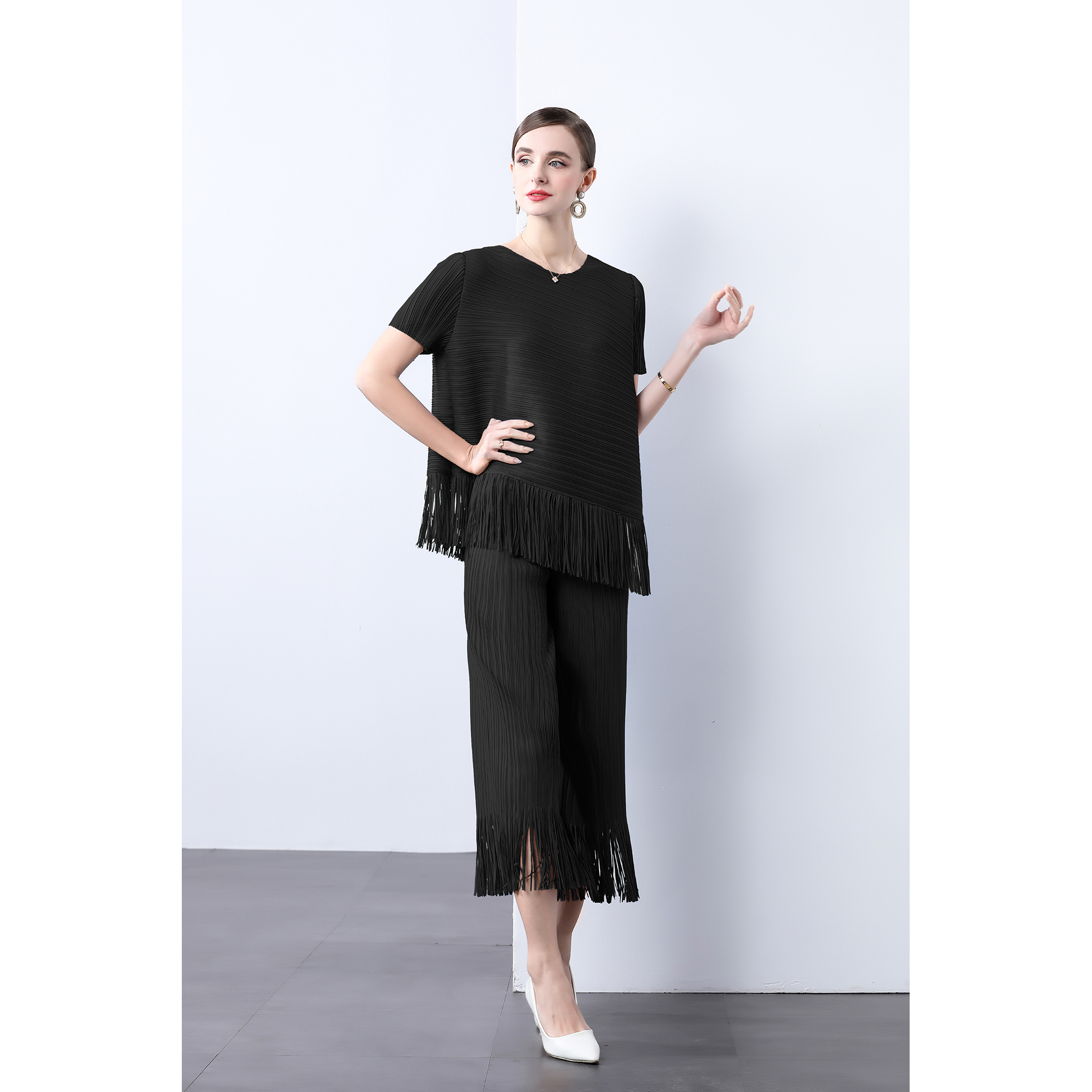 Miyake European and American style pleated fringe design, loose and irregular top, slimming and wide leg pants two-piece set for women Miyake European and American style pleated fringe design, loose and irregular top, slimming and wide leg pants two-piece set for women