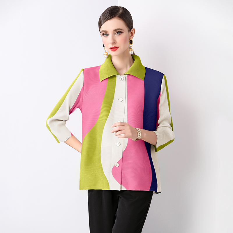 Miyake Spring and Autumn Korean version loose and versatile lapel single breasted long sleeved shirt with design sense, printed niche pleated top Miyake Spring and Autumn Korean version loose and versatile lapel single breasted long sleeved shirt with design sense, printed niche pleated top