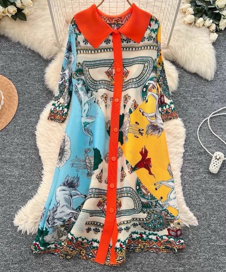 Original factory quality discount straight Miyake pleated medium long print slimming and age reducing mm dress with nine quarter sleeves Original factory quality discount straight Miyake pleated medium long print slimming and age reducing mm dress with nine quarter sleeves