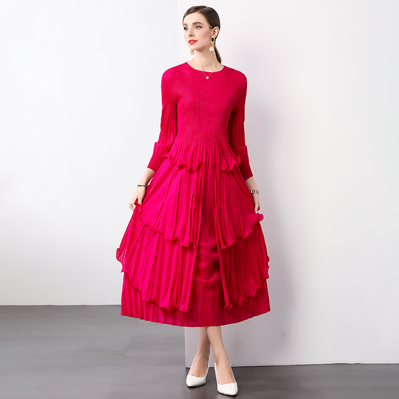 Miyake Foreign Trade Heavy Industry Mushroom Edge Design Lantern Sleeves Long Sleeves Round Neck European and American Medium length Skirt Folded Women's Dress Miyake Foreign Trade Heavy Industry Mushroom Edge Design Lantern Sleeves Long Sleeves Round Neck European and American Medium length Skirt Folded Women's Dress