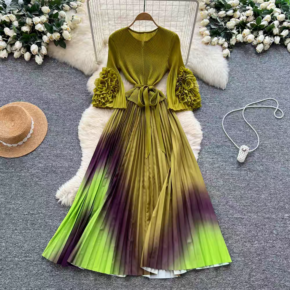 European and American cross-border three bedroom fashionable plate flower trumpet sleeve long sleeved tie waist gradient color pleated hundred fold elegant long skirt European and American cross-border three bedroom fashionable plate flower trumpet sleeve long sleeved tie waist gradient color pleated hundred fold elegant long skirt