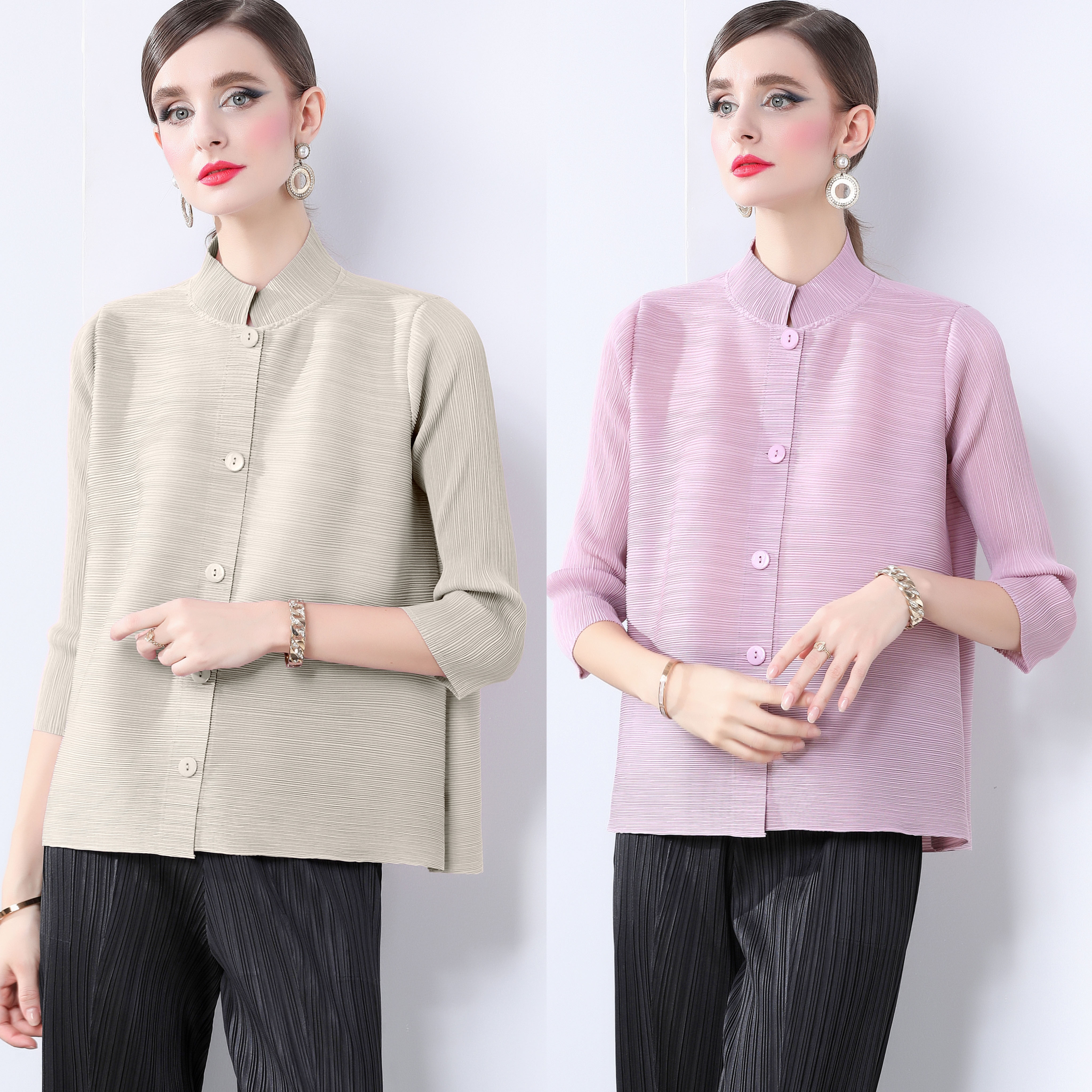 Miyake solid color versatile loose pleated top in mm size, with 9/4 sleeves and stand up collar for commuting, slimming shirt, minimalist jacket