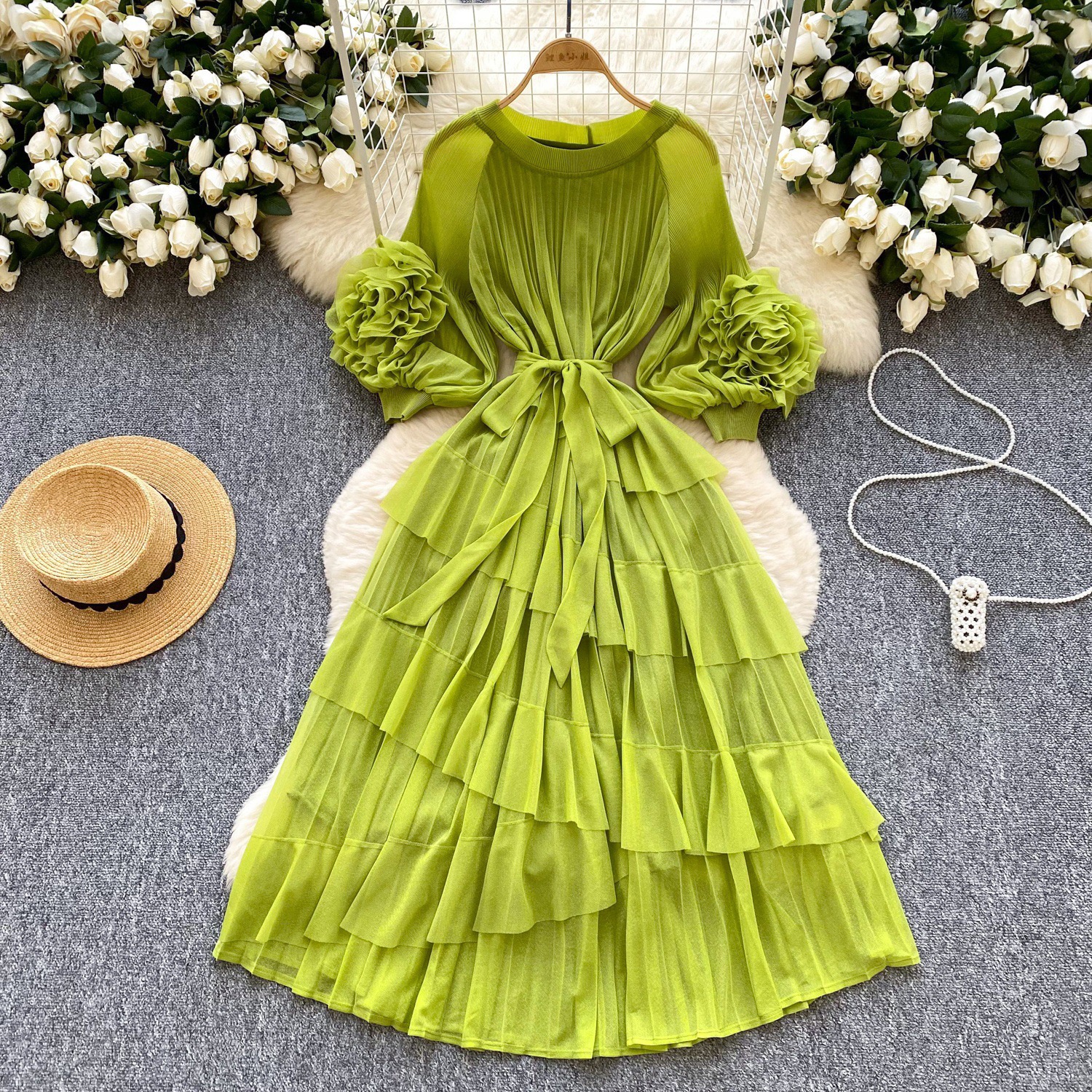 Miyake European and American retro palace style design with bubble sleeves, hand waving flower round neck, large size pleated, foreign trade cross-border women's clothing Miyake European and American retro palace style design with bubble sleeves, hand waving flower round neck, large size pleated, foreign trade cross-border women's clothing