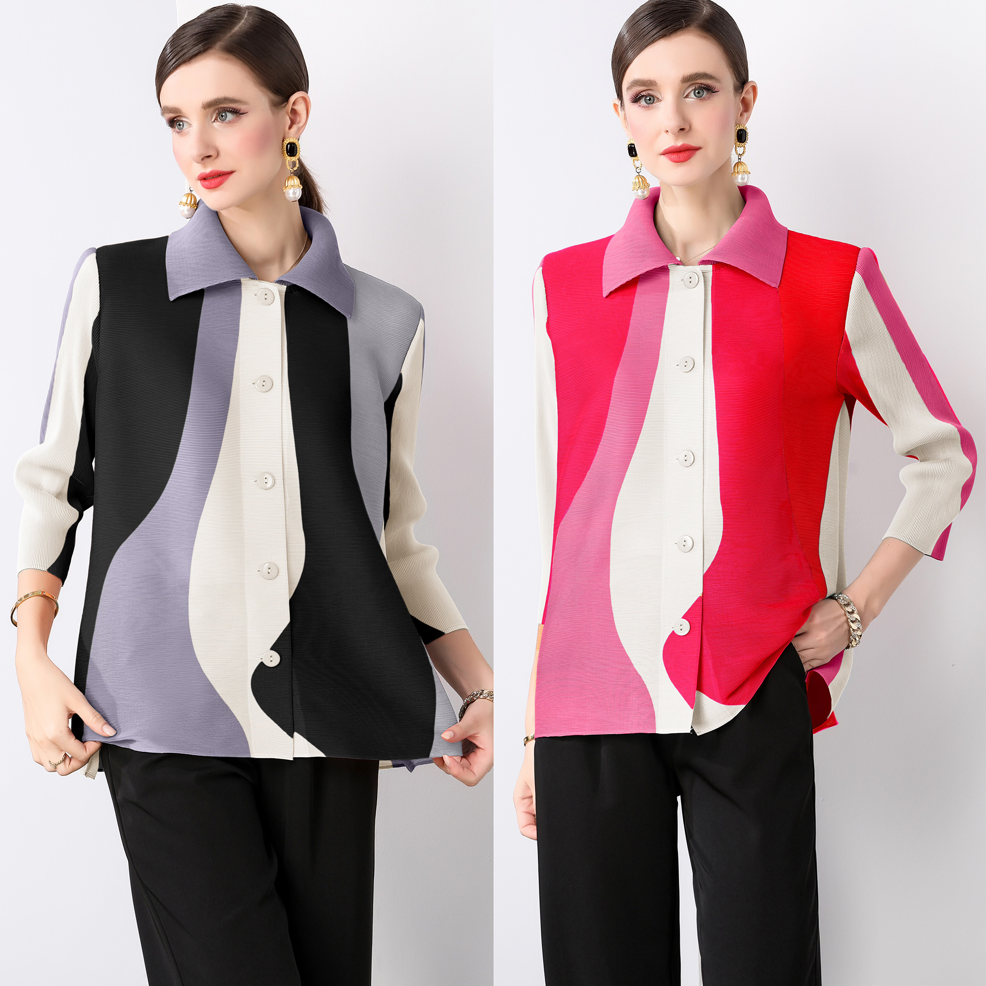 Miyake Spring and Autumn Korean version loose and versatile lapel single breasted long sleeved shirt with design sense, printed niche pleated top