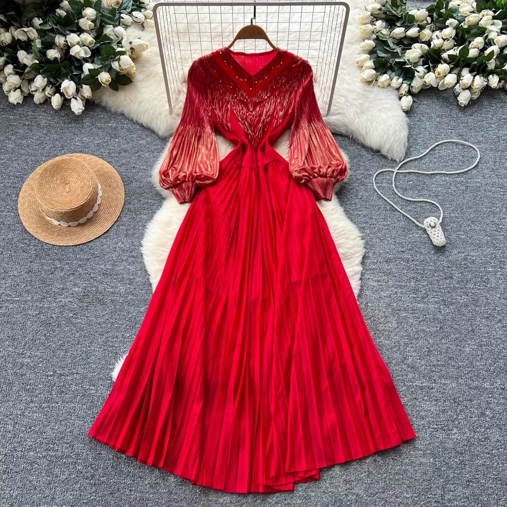 Ladies' court style bubble sleeve dress, light mature style, autumn tassel, hot stamping, pleated nail bead, large swing, women's long skirt Ladies' court style bubble sleeve dress, light mature style, autumn tassel, hot stamping, pleated nail bead, large swing, women's long skirt